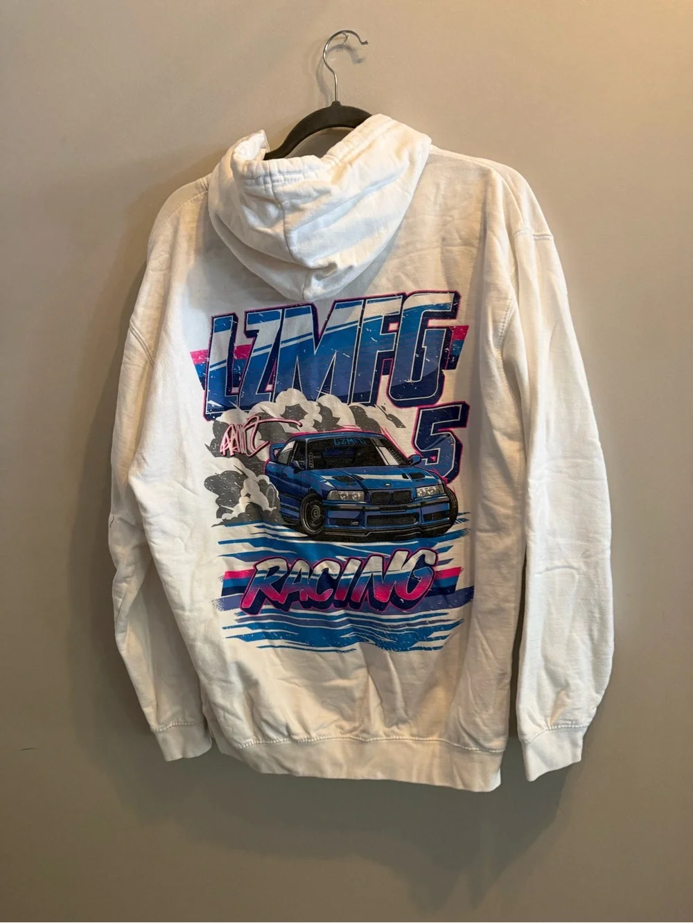 LZMFG Racing Hoodie Large White BMW Drift Car Graphic Sweatshirt